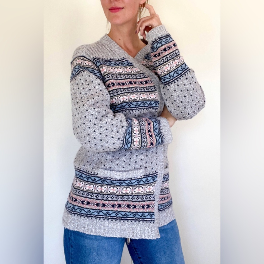 Vintage LizWear Cardigan Sweater Womens Small Zip Up Heavy Knit Fair Isle Grey - Picture 14 of 14